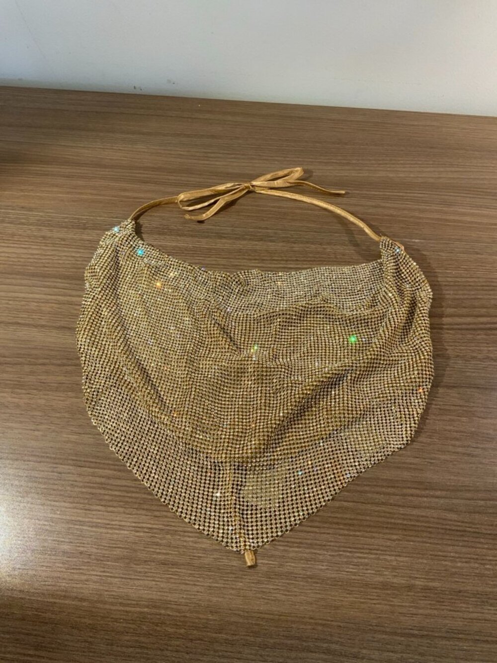 Better Be Gold Rhinestone Chainmail Halter Top Tie Back One Size NWT